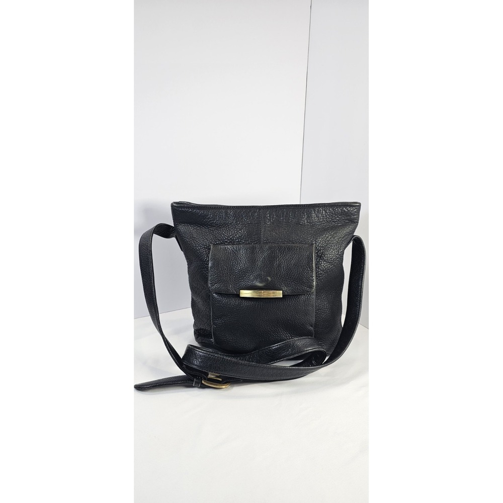 Wilsons Leather Black Pebbled Genuine Leather Crossbody Bag Gold Bar Pocket